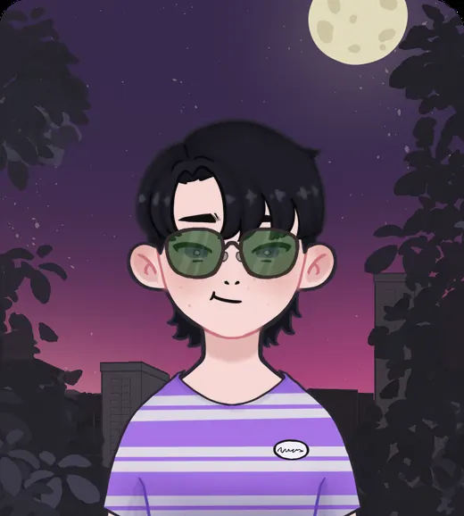 Lucius: grey streaked hair, round green glasses, a striped tee, under a full moon