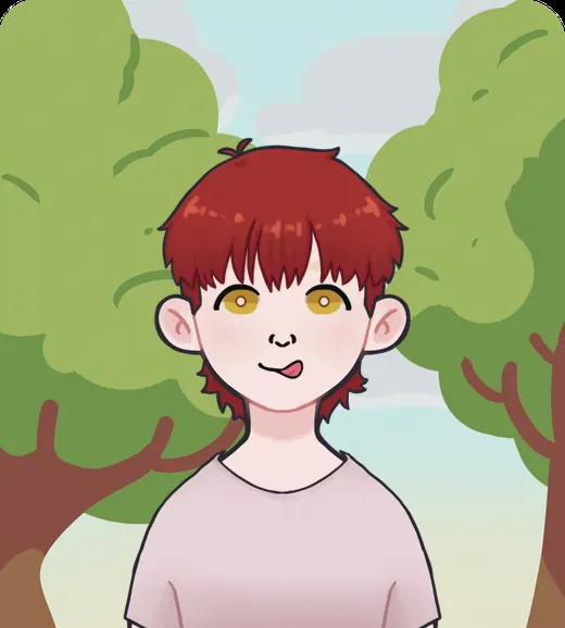 Riley: short red hair and a pale pink jumper, on a sunny day