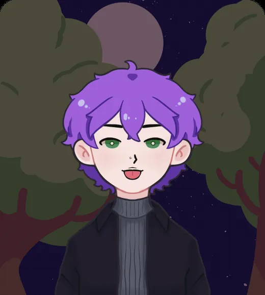 Selene: lilac hair and a dark turtleneck, in a room lit by the night