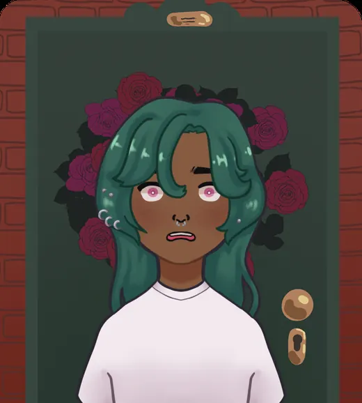 Hazel: long green hair and a white tee, in front of a rose-covered door