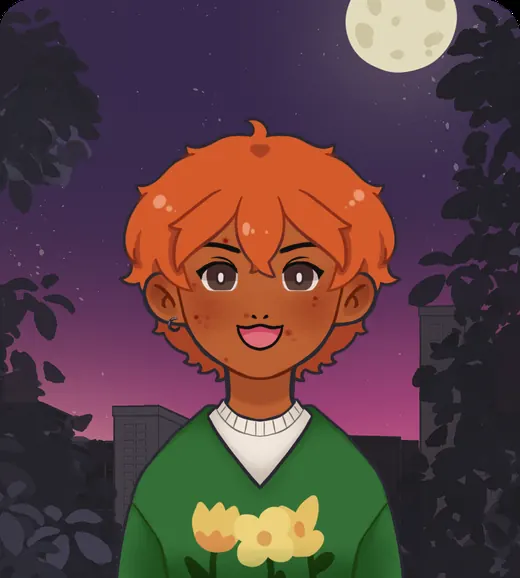 Felix: messy orange hair and a green sweater, at sunset