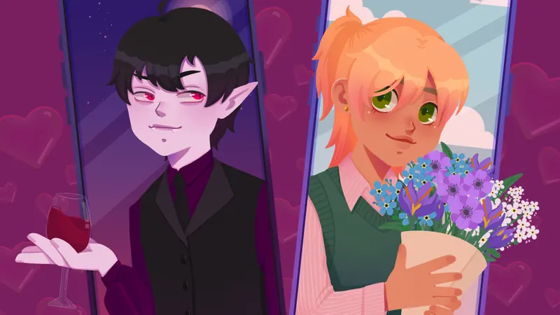 Love at First Bite key art: a vampire holding a glass of wine and a shy human with a bouquet