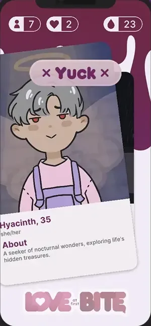 Jam build swipe screen: a “Yuck” stamp on Hyacinth, 35