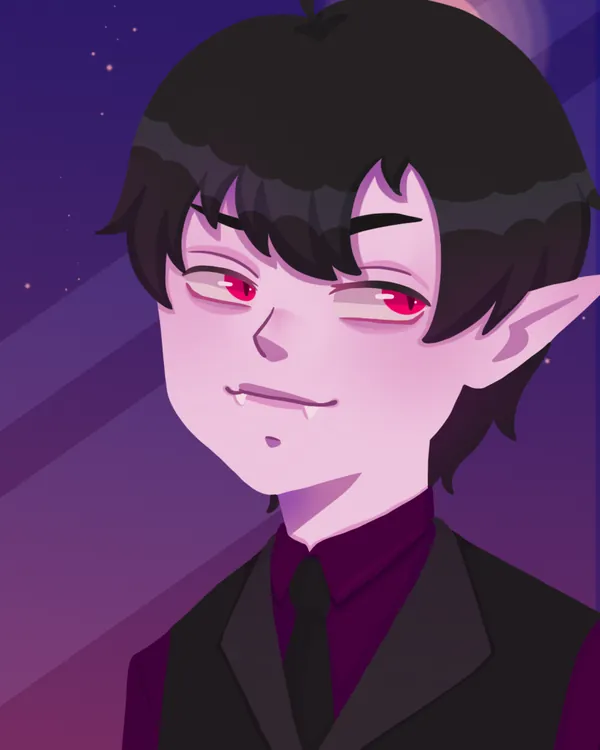 Damian: pale, pointed ears, red eyes, holding a glass of red wine