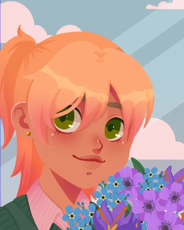 Rowan: shy smile, freckles, orange ponytail, holding a big bouquet