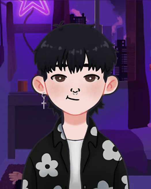 Viktor: black hair, nose ring, cross earring, flower-print shirt