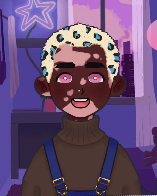 William: leopard-print hair, big smile, brown turtleneck and overalls